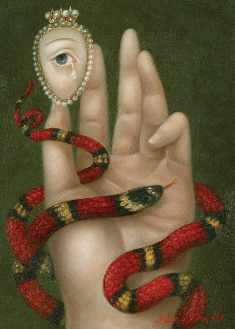 fatima-ronquillo-painting-lovers-eye-miniatures-pearl-brooch-artist-gucci-snake-red-black-yellow